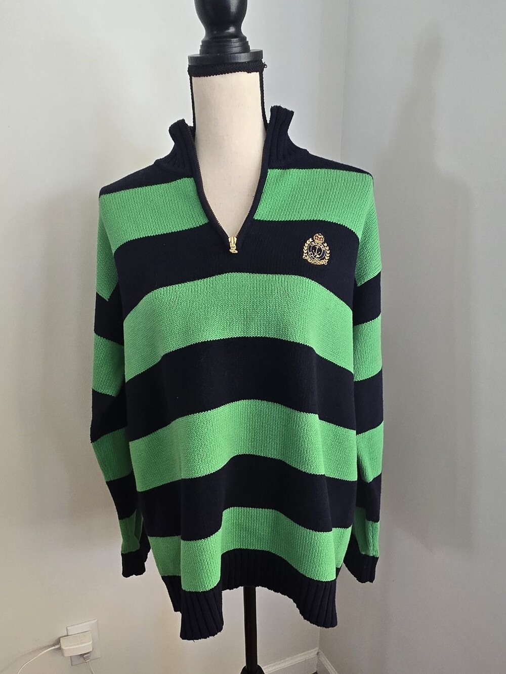 Lauren Ralph Lauren Green Label Green Striped Quartet Zip Sweater Large